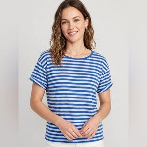 J. Crew Blue and White Striped Boxy Crewneck Linen Tee Size Large